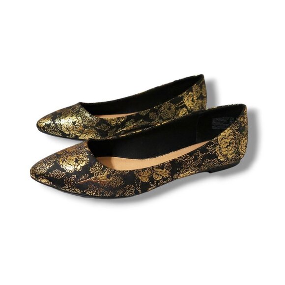 Women's Ballet Flat Black & Gold Floral Flats - Pointed-Toe, Size 9, Like New - Picture 2 of 9